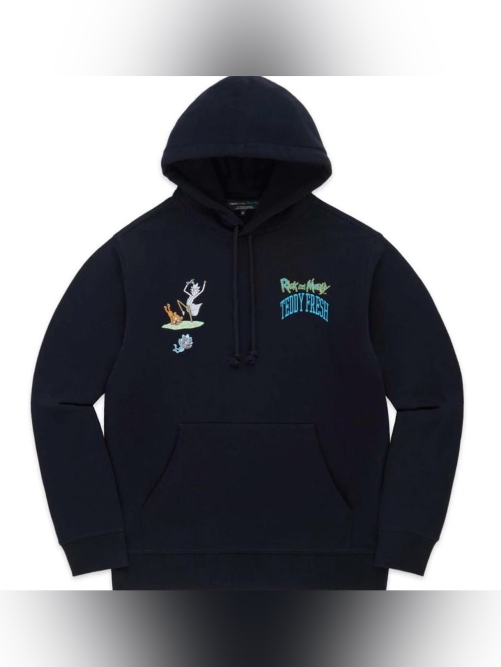 Teddy Fresh x Rick and Morty Hoodie Black Embroidered Pullover Men’s M Cotton